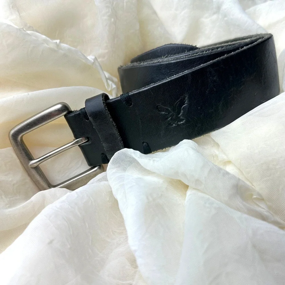 American‎ Eagle Belt Mens 35 Black Leather Buckle VTG Rugged Eagle Logo Y2K
